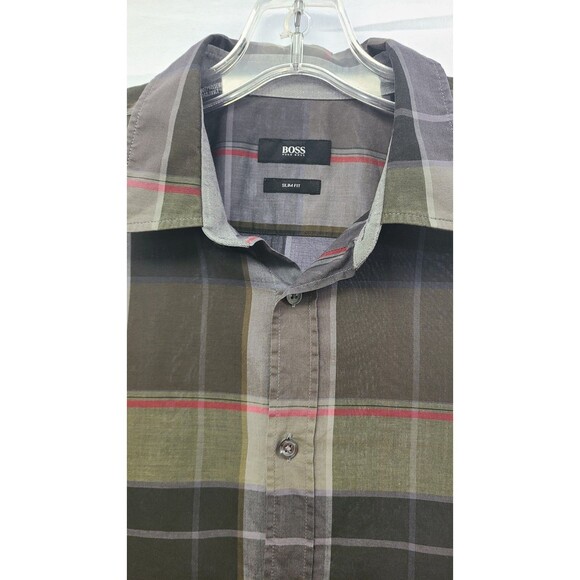 Hugo Boss Mens Sz Large Long Sleeve Plaid Button Up Olive Gray Collared Shirt - Picture 2 of 5